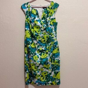 Adrianna Papell Floral Sheath Dress Green Blue Ruched V-Neck Size 12 Sleeveless